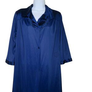 Vanity Fair Womens Navy Blue Button-Down Nightgown Robe M Nylon Embroidered